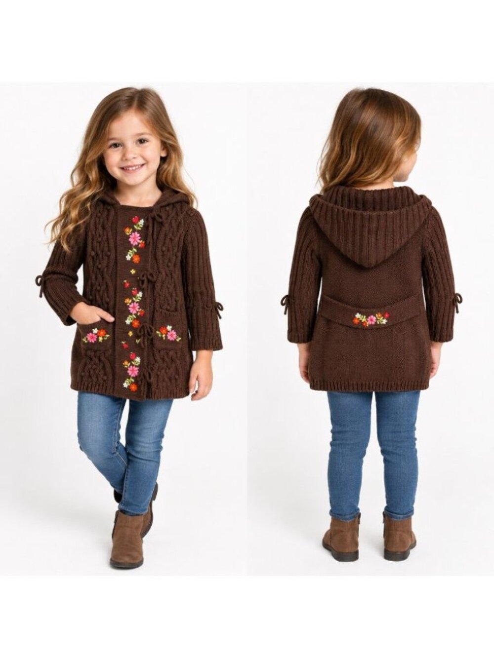 Camilla Girls 5T Brown Cable Knit Hooded Cardigan Floral Embroidered Sweater